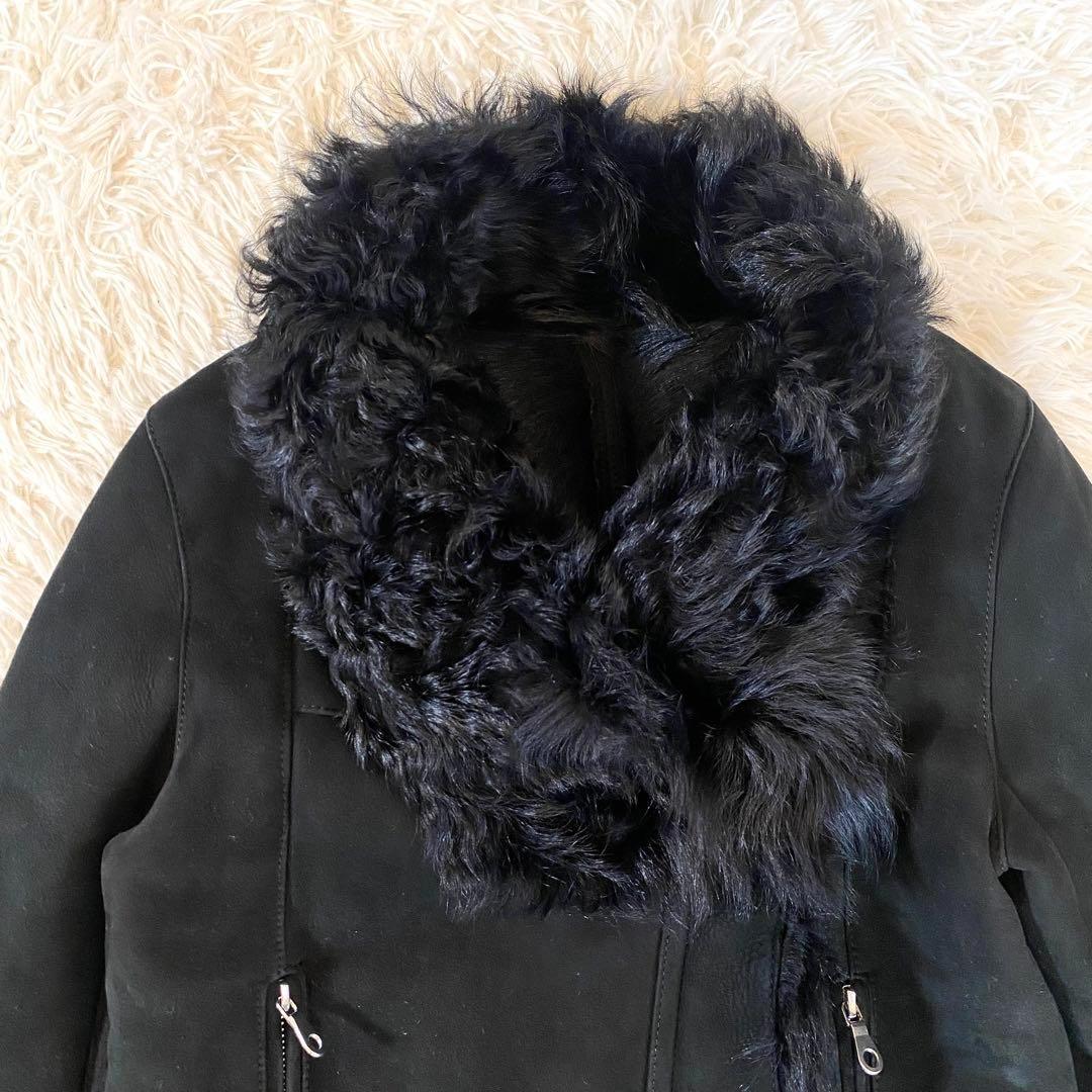 美品 スタニングルアー ムートン 羊革 ファー ライダースジャケット ダブル 黒