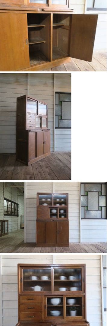 無垢材　モールガラス　水屋箪笥　昭和レトロ