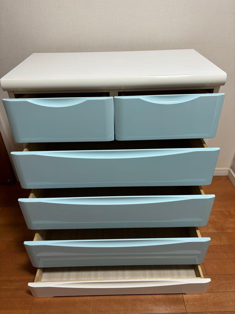 木製チェスト　タンス　5段　ブルー　水色