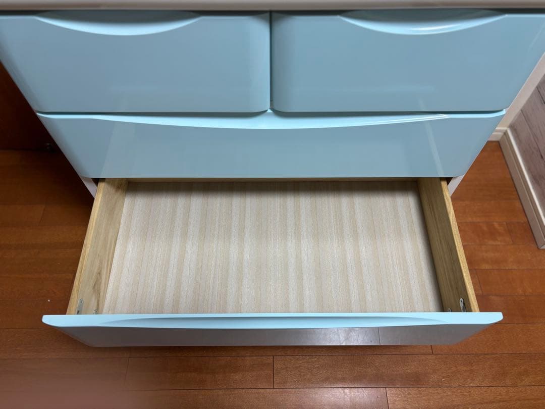 木製チェスト　タンス　5段　ブルー　水色