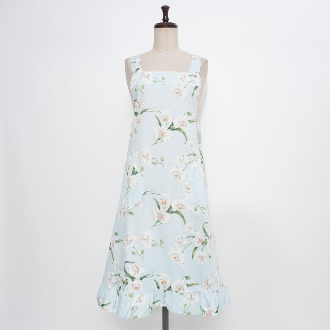 新品 クリスチャンディオール 花柄プリントエプロン 水色 サイズF*LD188