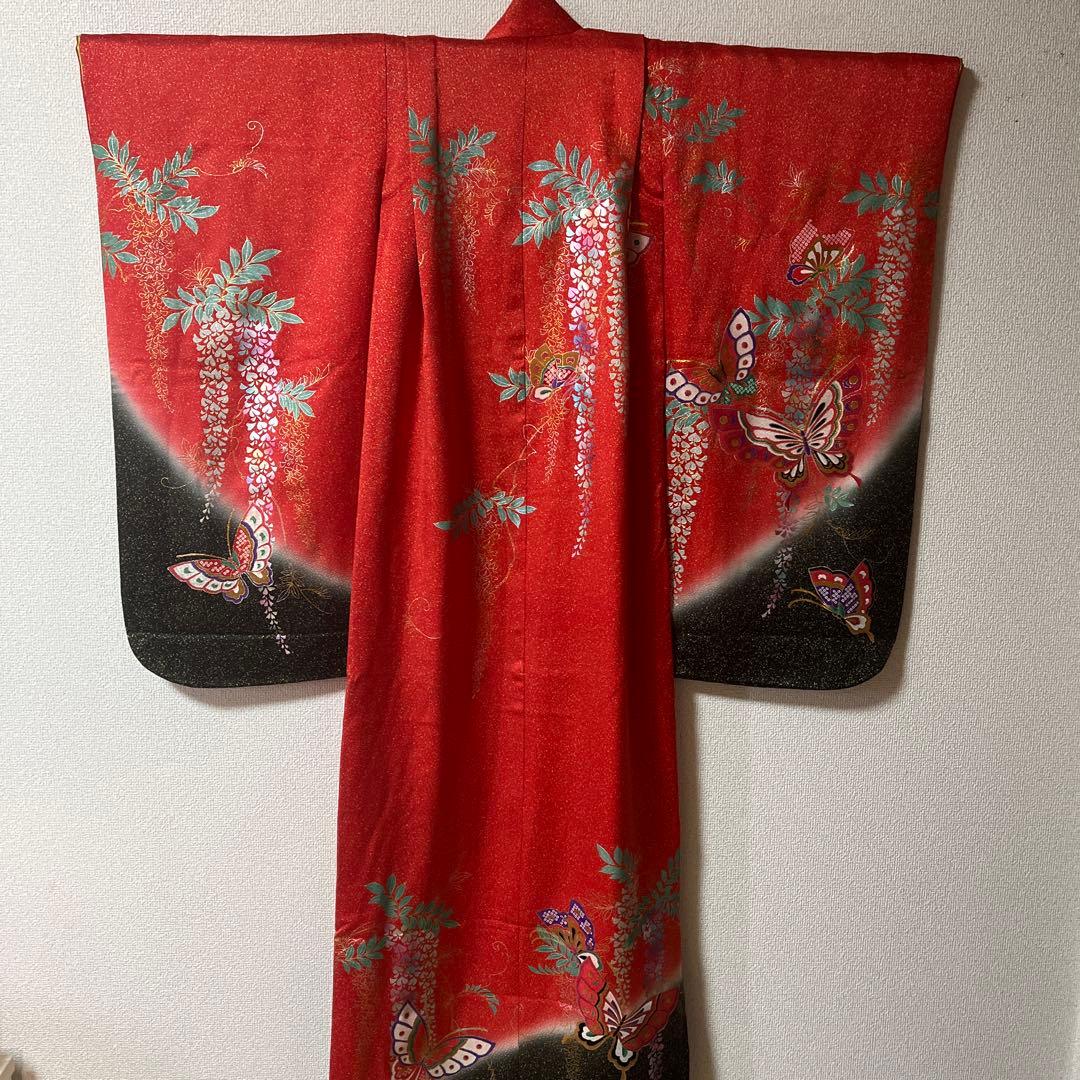 七五三　7歳　作り帯　正絹　赤　黒　蝶々　アンティーク