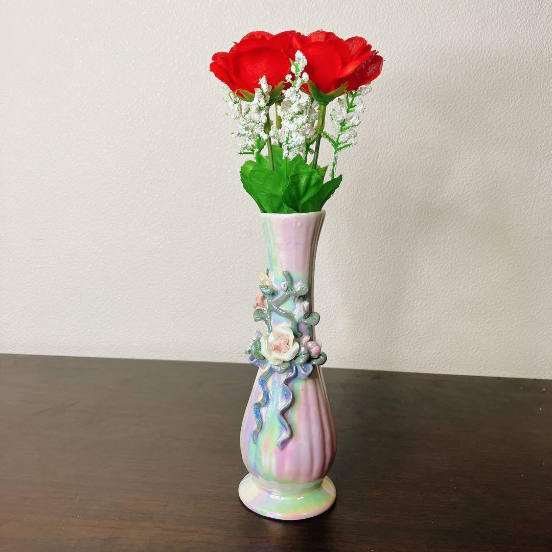 Mario Valentino？　陶器製花瓶 ピンクと緑のストライプ