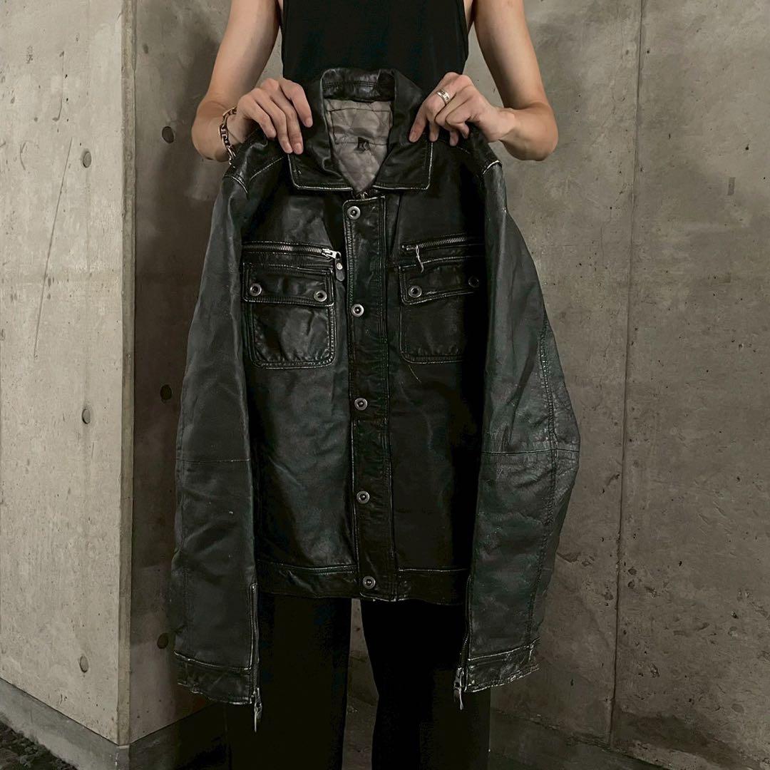 90's ギミック 本革レザー トラッカージャケット デザイン y2k グランジ