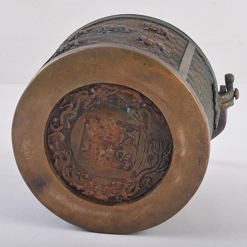 中国　宣徳年製款　古銅宣徳銅　馬刻　持ち手付　透かし蓋香炉　M　R8855