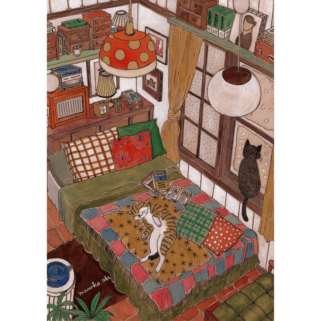 《送料無料》原画「寝室の猫たち」猫イラスト インテリアアート