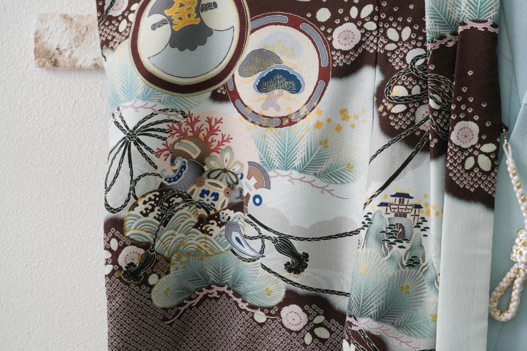 5歳男の子　七五三　乙葉　茶色と水色の花柄の着物