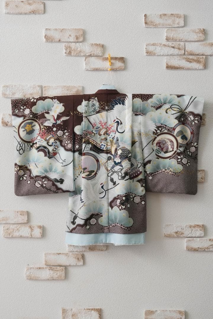 5歳男の子　七五三　乙葉　茶色と水色の花柄の着物