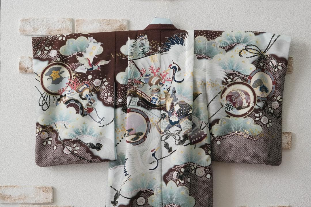 5歳男の子　七五三　乙葉　茶色と水色の花柄の着物