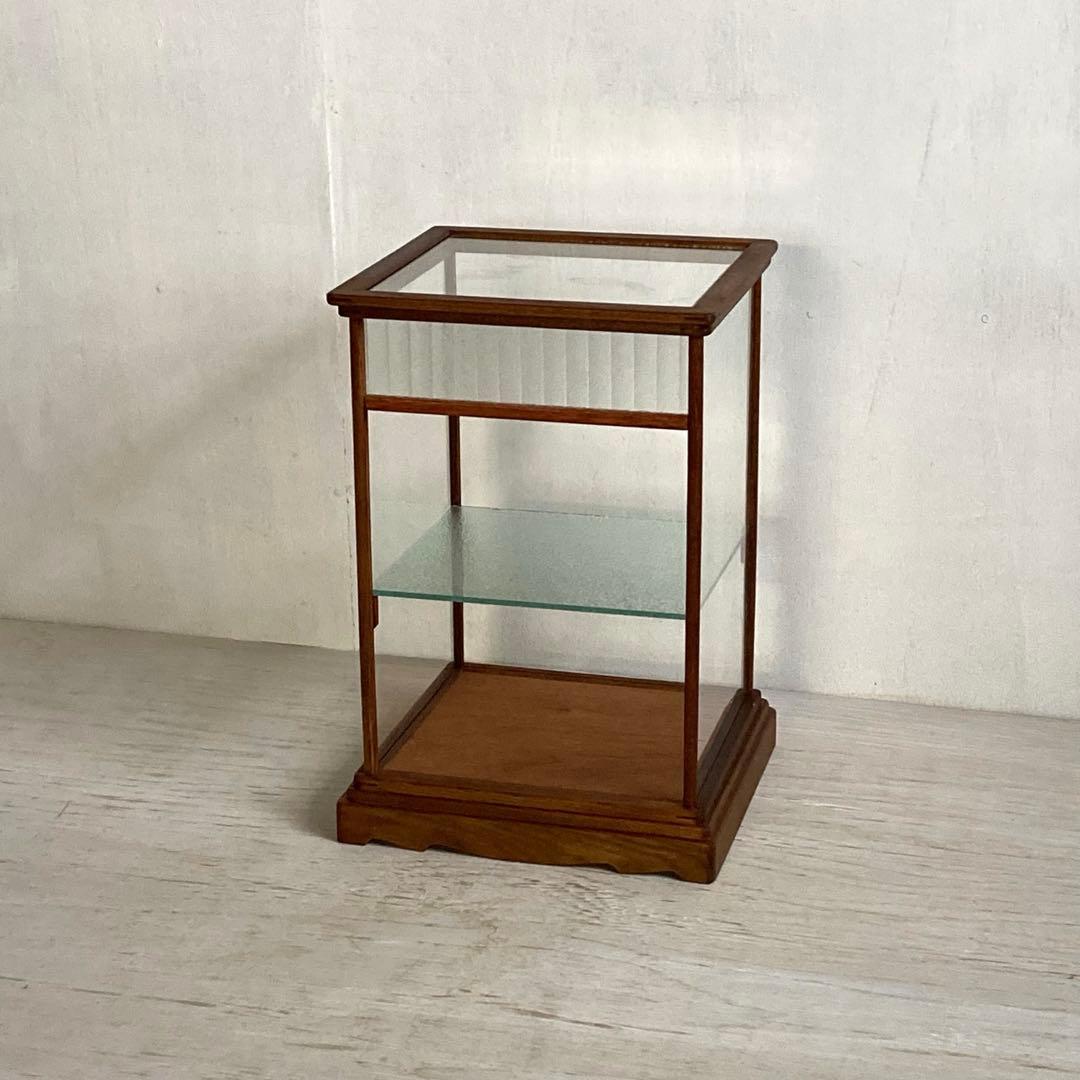 古い木製 ガラスケース 2段 卓上ショーケース オープンラック モールガラス