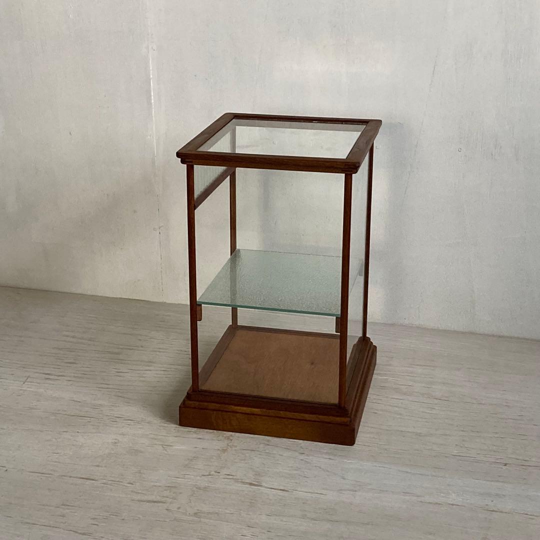 古い木製 ガラスケース 2段 卓上ショーケース オープンラック モールガラス
