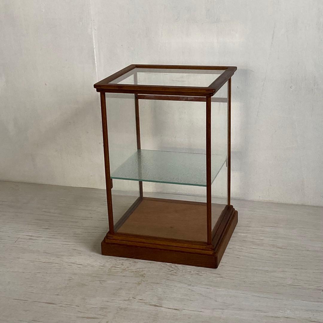 古い木製 ガラスケース 2段 卓上ショーケース オープンラック モールガラス