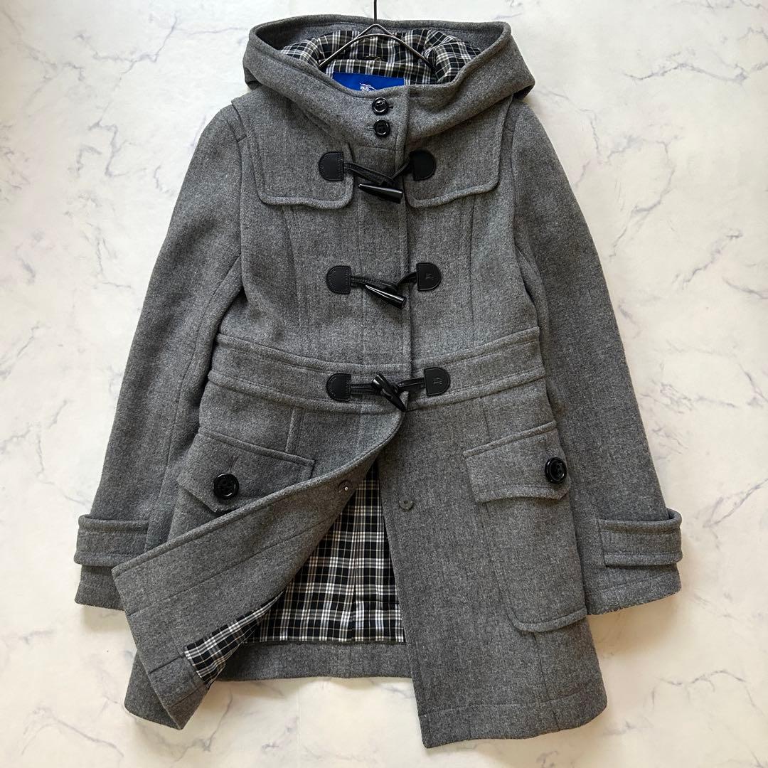 バーバリーブルーレーベル ダッフルコート フード ノバチェック レザー 38