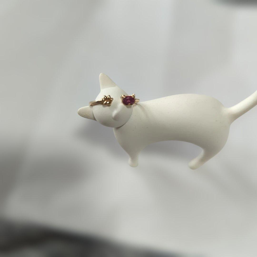 10k 猫モチーフ 天然ガーネットリング11号