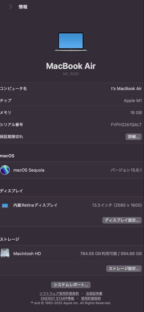 MacBook本体 Apple MacBook Air (M1, 2020) 16GB 1T