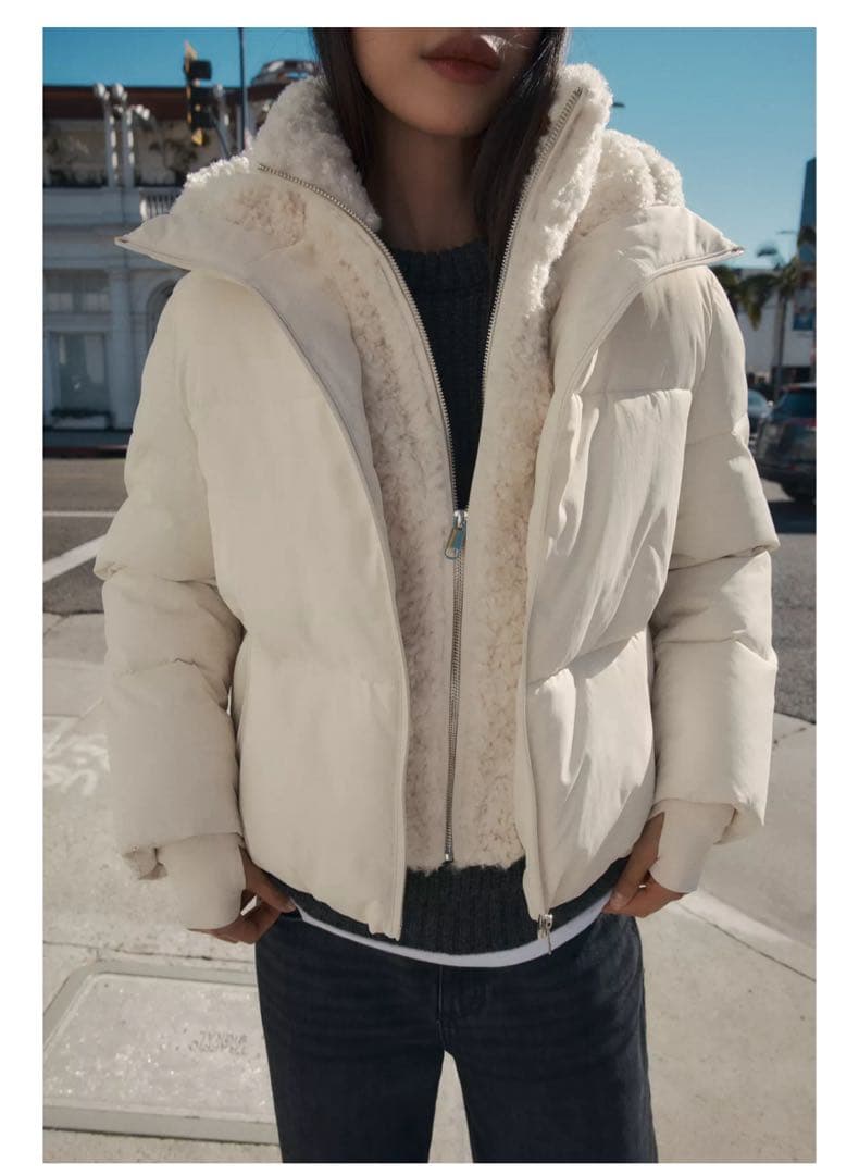 ZARA フェイクシープスキンフード付き撥水ウィンドブレーカーアノラックXS