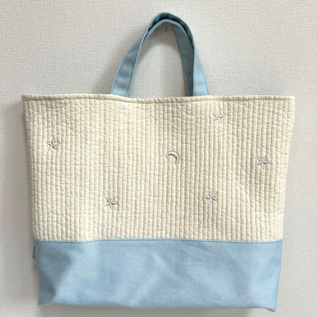 入園入学3点セット　【月と星ヌビ×水色】　女の子　レッスンバッグ　手提げ