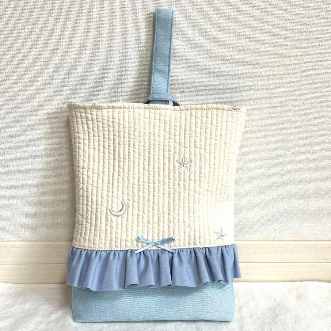 入園入学3点セット　【月と星ヌビ×水色】　女の子　レッスンバッグ　手提げ
