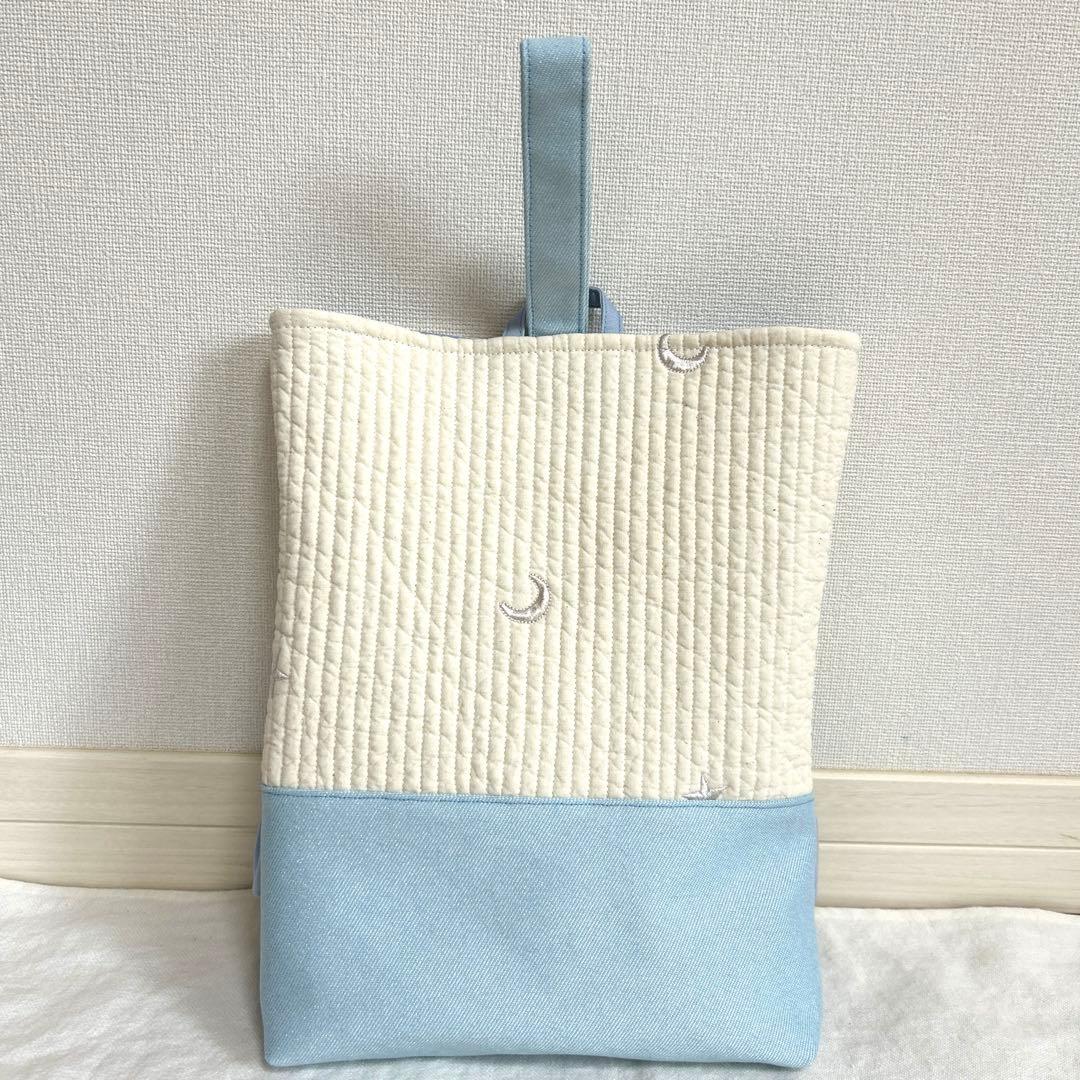 入園入学3点セット　【月と星ヌビ×水色】　女の子　レッスンバッグ　手提げ