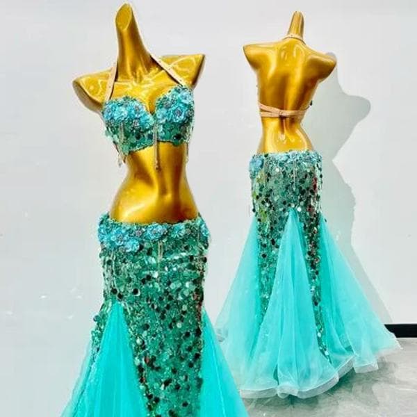 ベリーダンス　オリエンタル衣装　エメラルドブルー　人魚　発表会　スパンコール