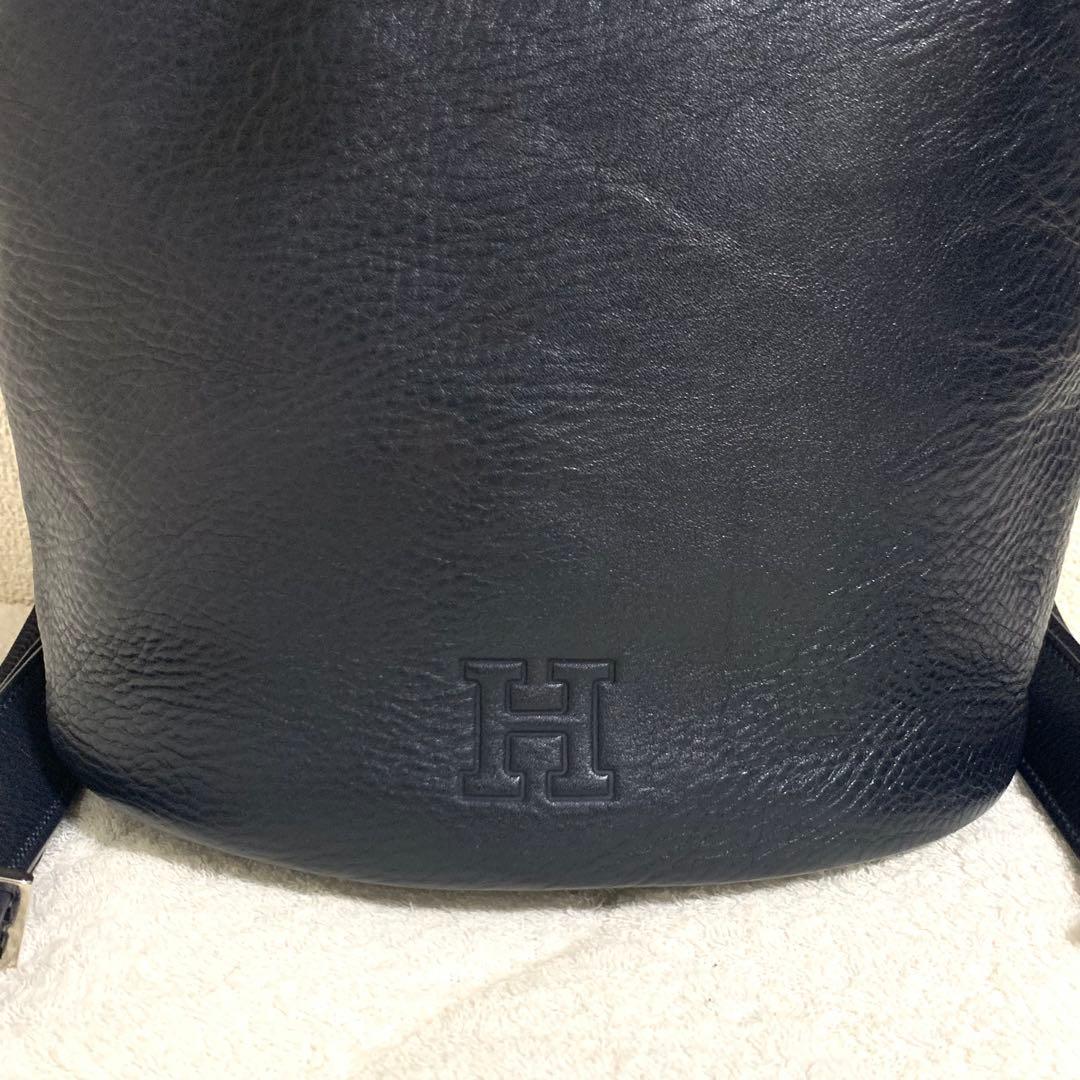 HIROFU ヒロフ 縄編み リュック Hロゴ シボ革 ネイビー