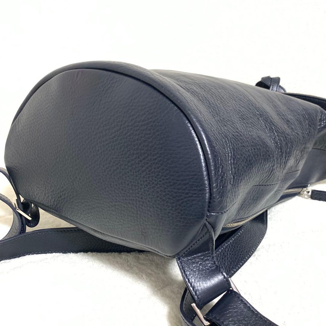 HIROFU ヒロフ 縄編み リュック Hロゴ シボ革 ネイビー