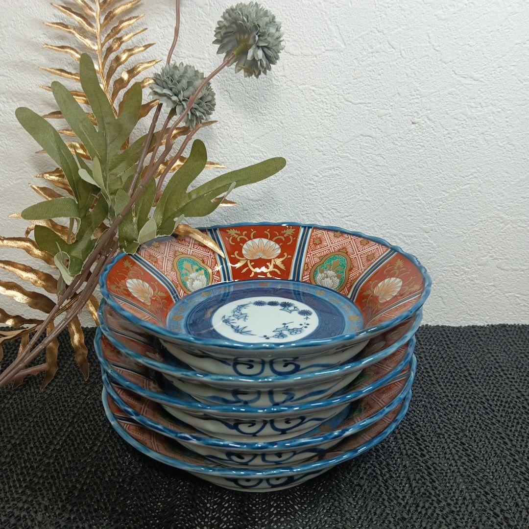 【美品】有田焼 林九郎 染錦八方地紋 浅小鉢 古伊万里様式 豪華絢爛 5枚セット