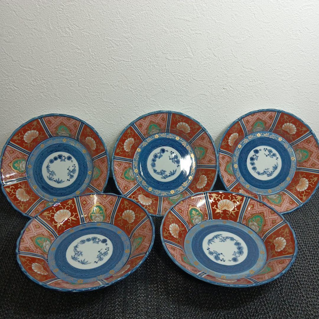 【美品】有田焼 林九郎 染錦八方地紋 浅小鉢 古伊万里様式 豪華絢爛 5枚セット