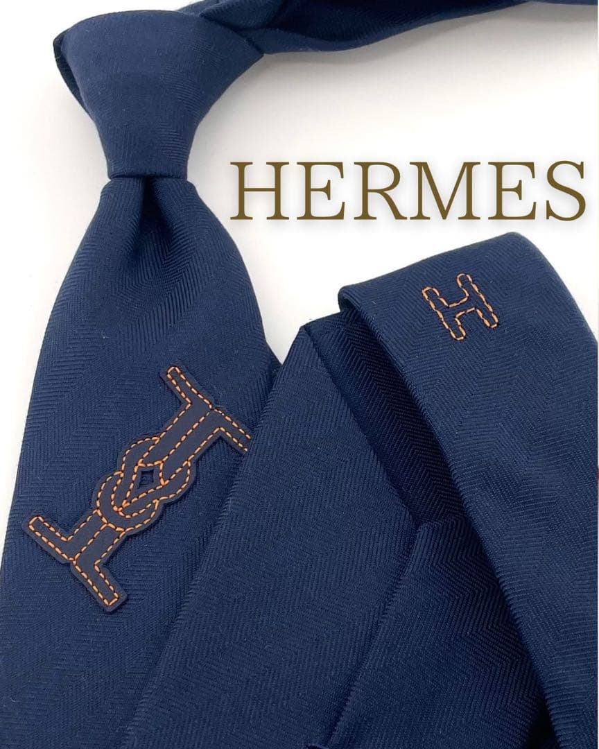 新品 エルメス ハイブランド ネクタイ H刺繍 ファソネ ヘリンボーン ネイビー