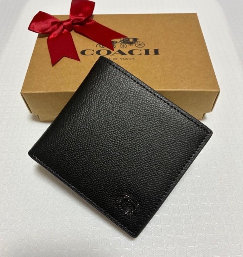 【新品未使用】開運財布！COACH 二つ折り財布 黒 レザー
