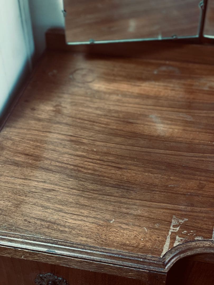 アンティーク猫足 木製三面鏡ドレッサー／英国 ブラウン 室蘭市引取or発送可