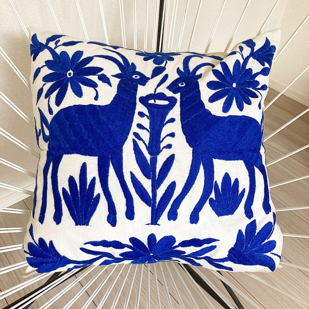 新品＊クッションカバー＊オトミ刺繍＊ブルー系＊メキシコ雑貨