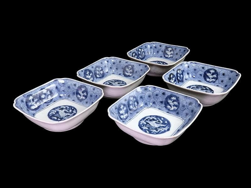 古伊万里　染付　撫子繋ぎ　丸紋に松と鶴の図 四方皿　５客　A055AS-CXs