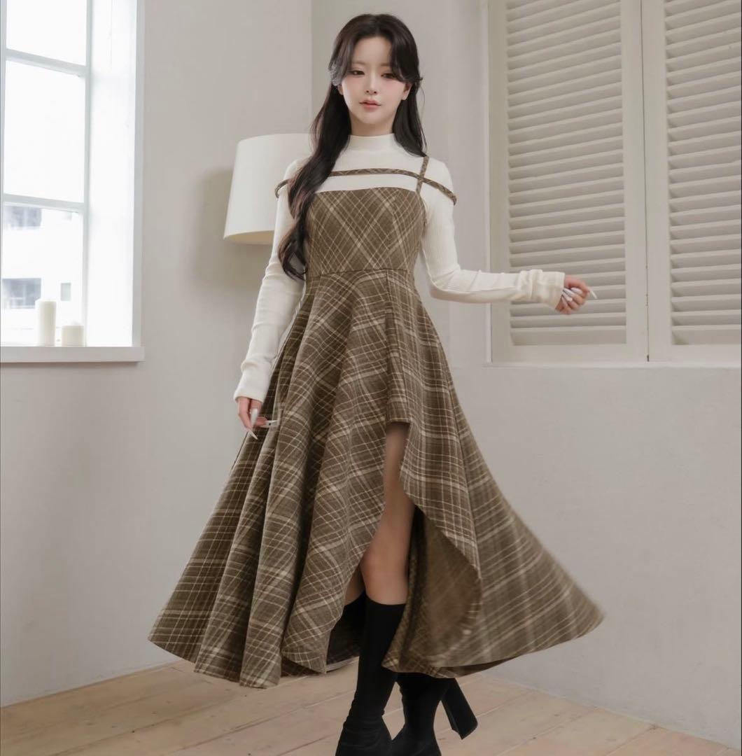 ダーリッチ Darich レイヤードチェックイレヘムミディワンピース ニット