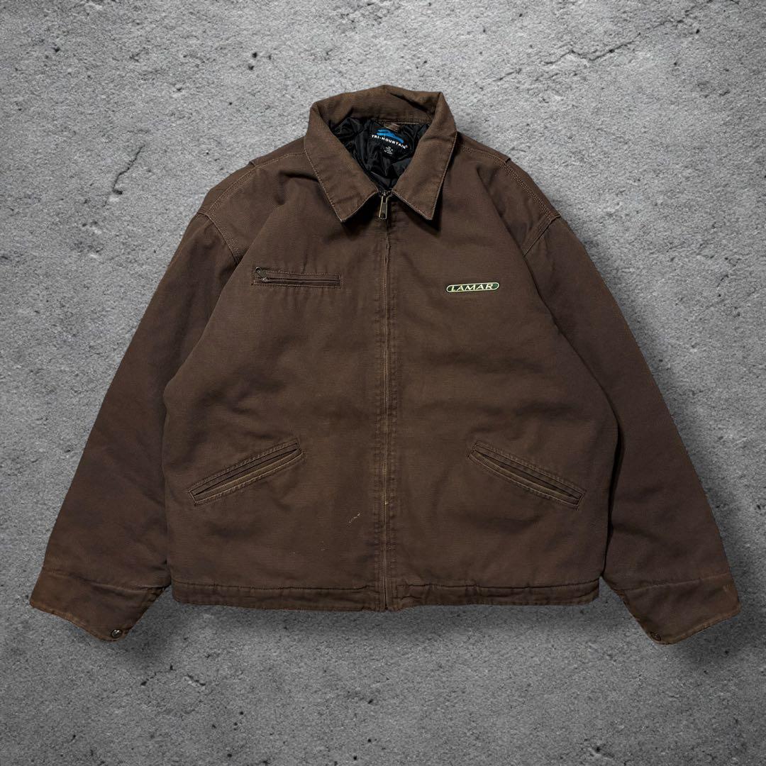 デトロイト企業ロゴブラウンXL中綿ダック生地短丈ワークジャケットトライマウンテン