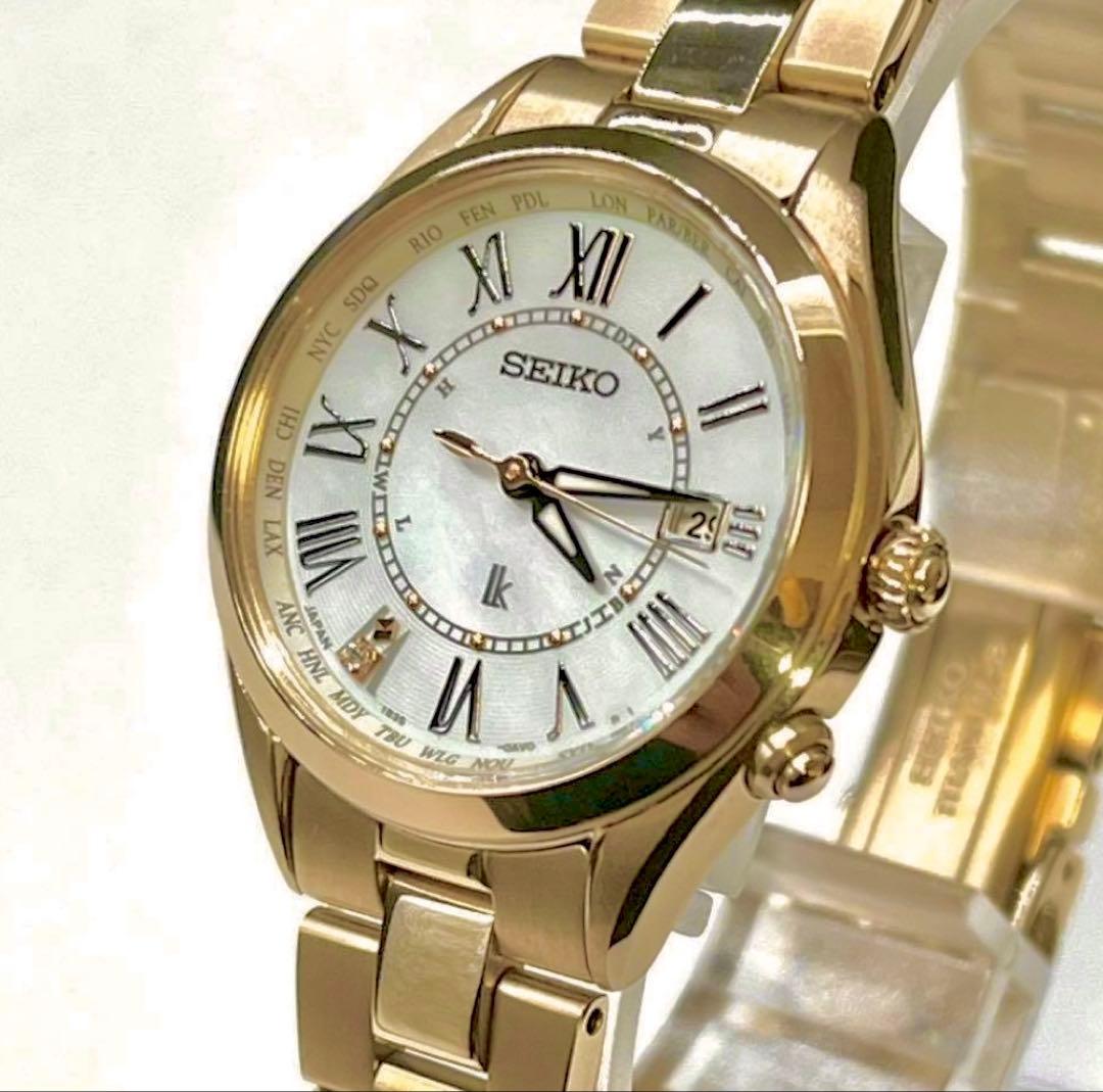 SEIKO✨ルキア ゴールド シェル文字盤 1P ダイヤ ソーラー電波 腕時計
