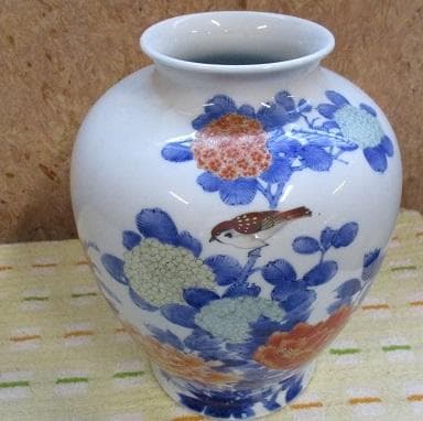 深川製磁 牡丹に雀絵図花瓶