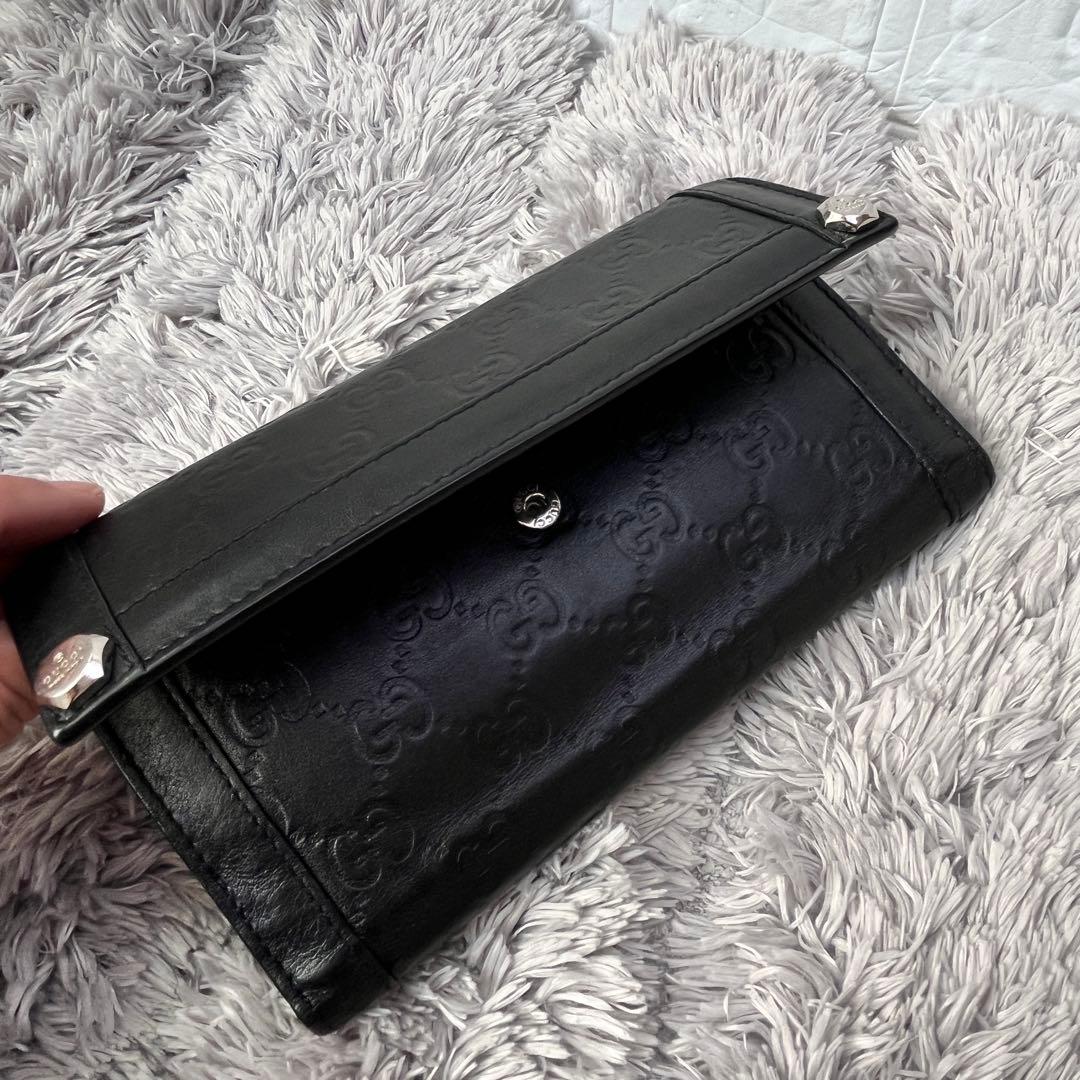 美品✨GUCCI シマ　ロゴ金具　Wホック ブラック　メンズ　長財布