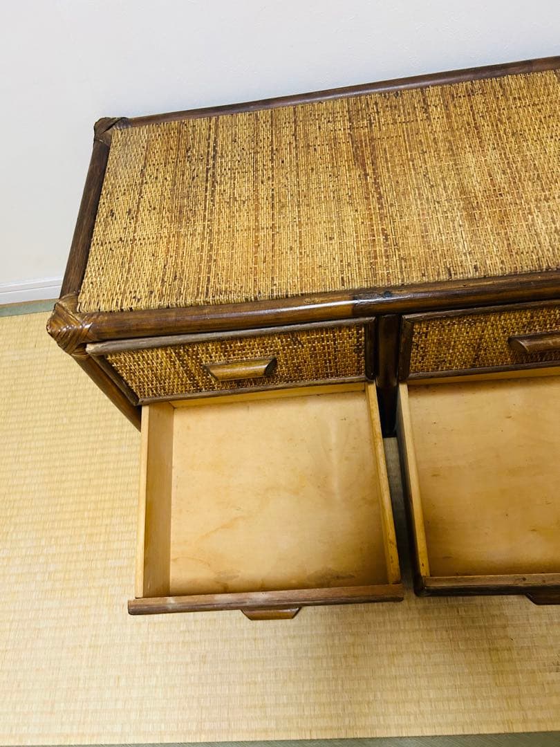 ビンテージ　ラタン製ローボード 6 引き出し付き