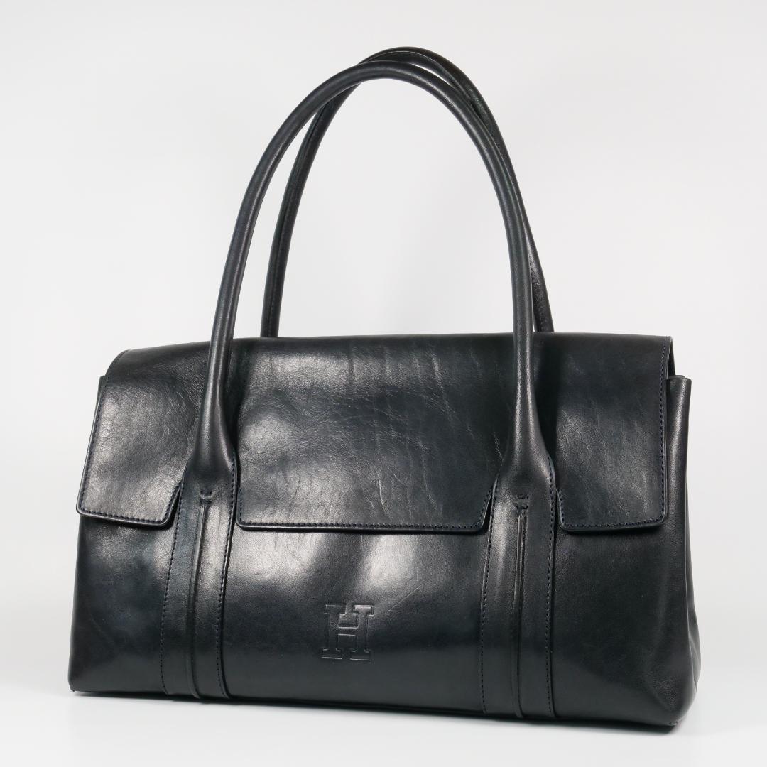 美品✨ ヒロフ ハンドバッグ トートバッグ レザー Hロゴ ダークネイビー