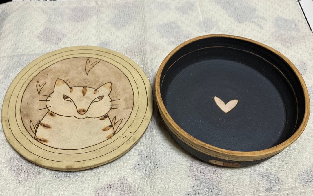 長田恵　ケース　猫　笠間焼　蓋物