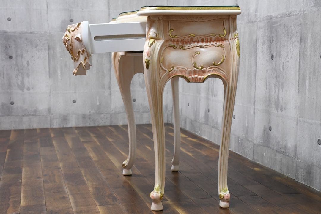 FAC57 ロココ調 猫脚 レリーフ コンソールデスク トールペイント クラック