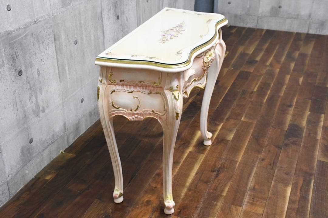 FAC57 ロココ調 猫脚 レリーフ コンソールデスク トールペイント クラック