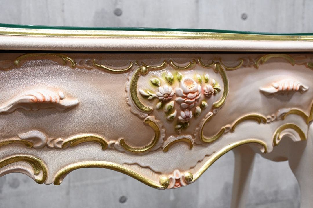 FAC57 ロココ調 猫脚 レリーフ コンソールデスク トールペイント クラック