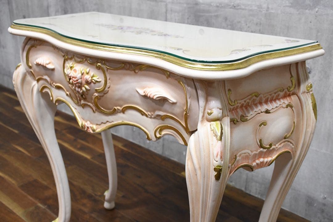 FAC57 ロココ調 猫脚 レリーフ コンソールデスク トールペイント クラック