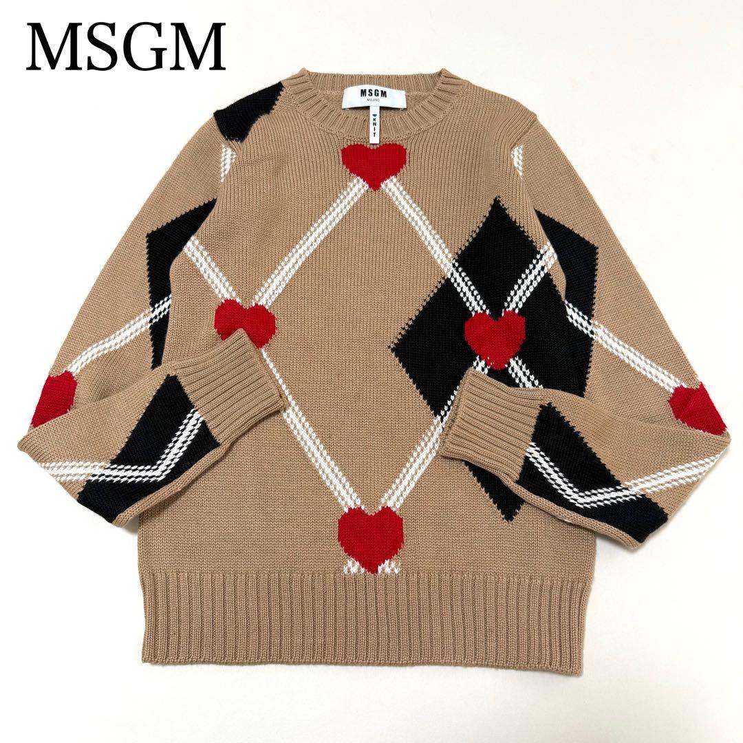 【MSGM】アーガイルハートニット（Mサイズ相当）ベージュ　長袖セーター