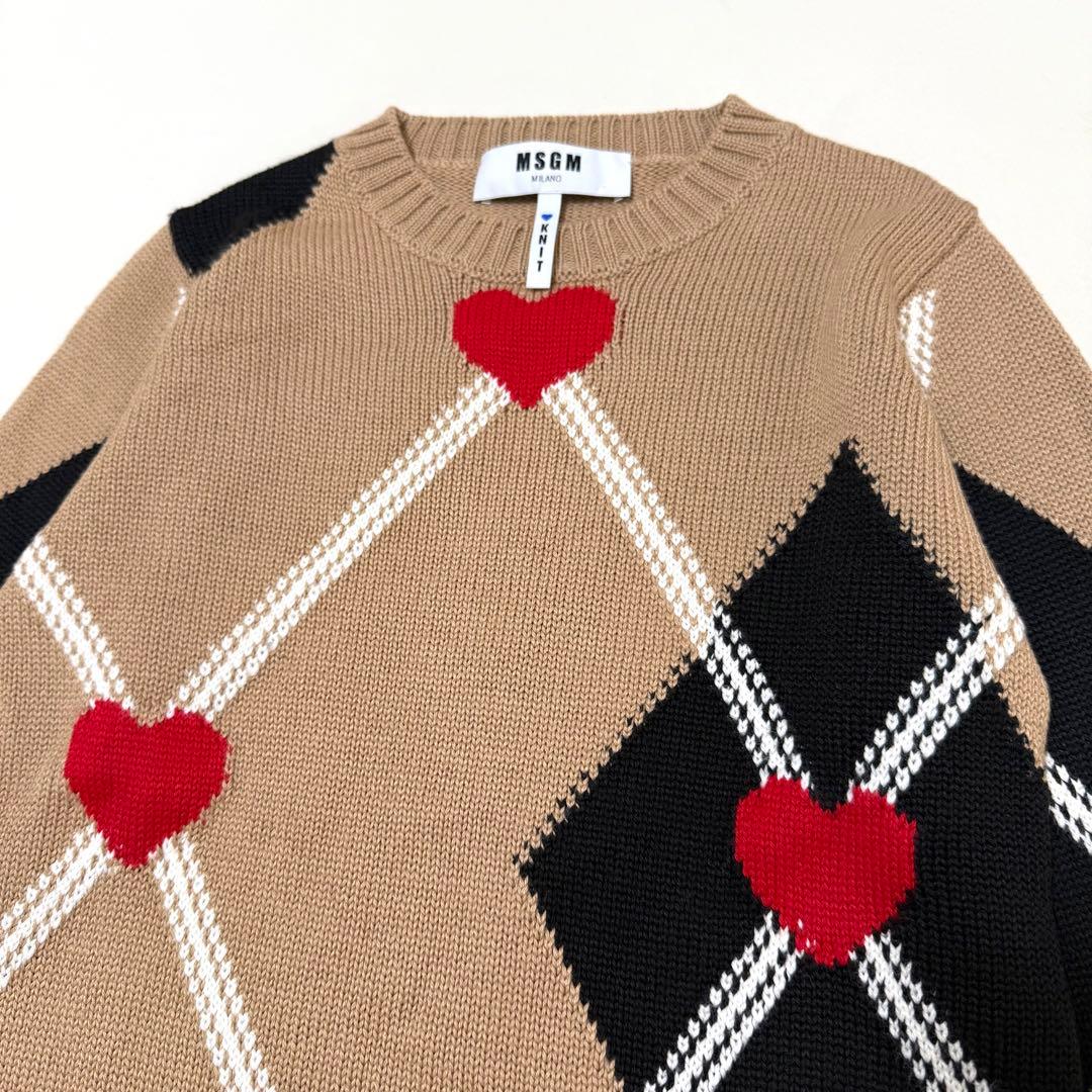 【MSGM】アーガイルハートニット（Mサイズ相当）ベージュ　長袖セーター