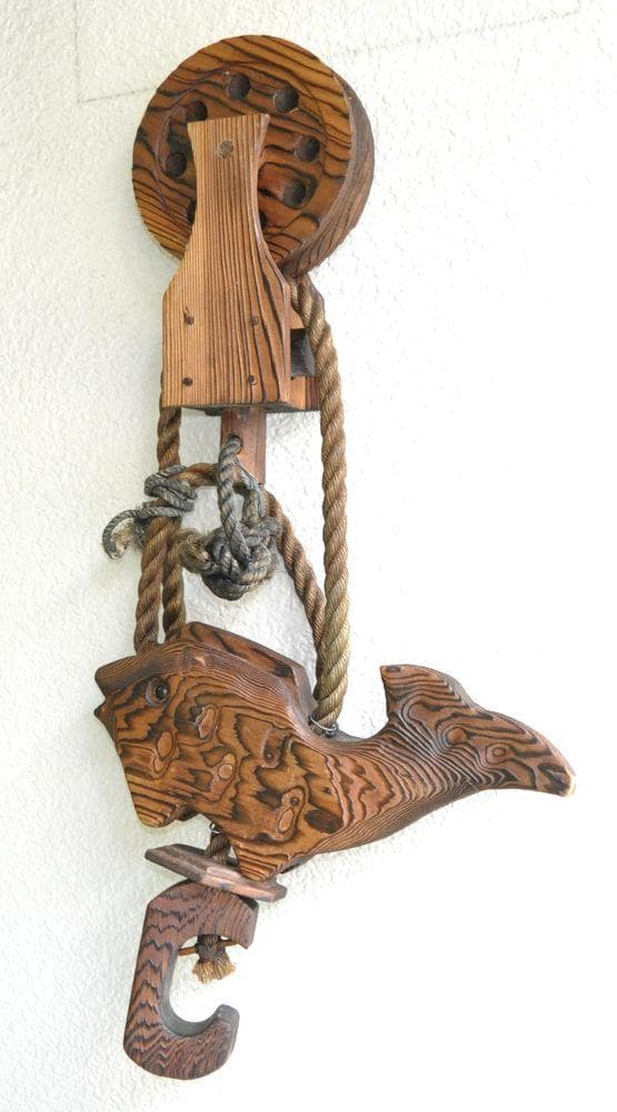 自在鉤　滑車　木製　囲炉裏