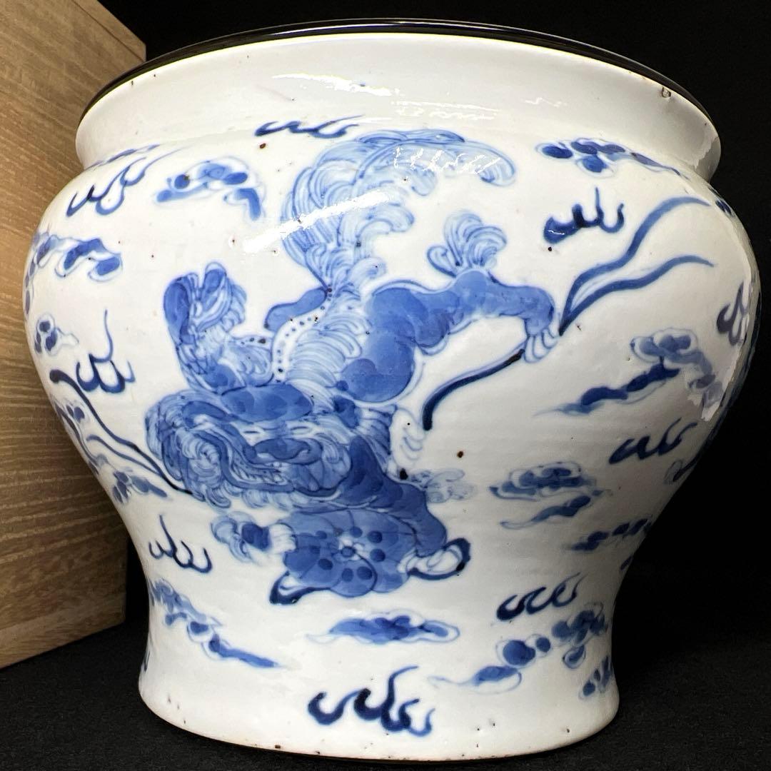 中国清時代　新渡青花雲龍図　水指　木箱付直径20㎝　トサエ東な7-1011☆2F