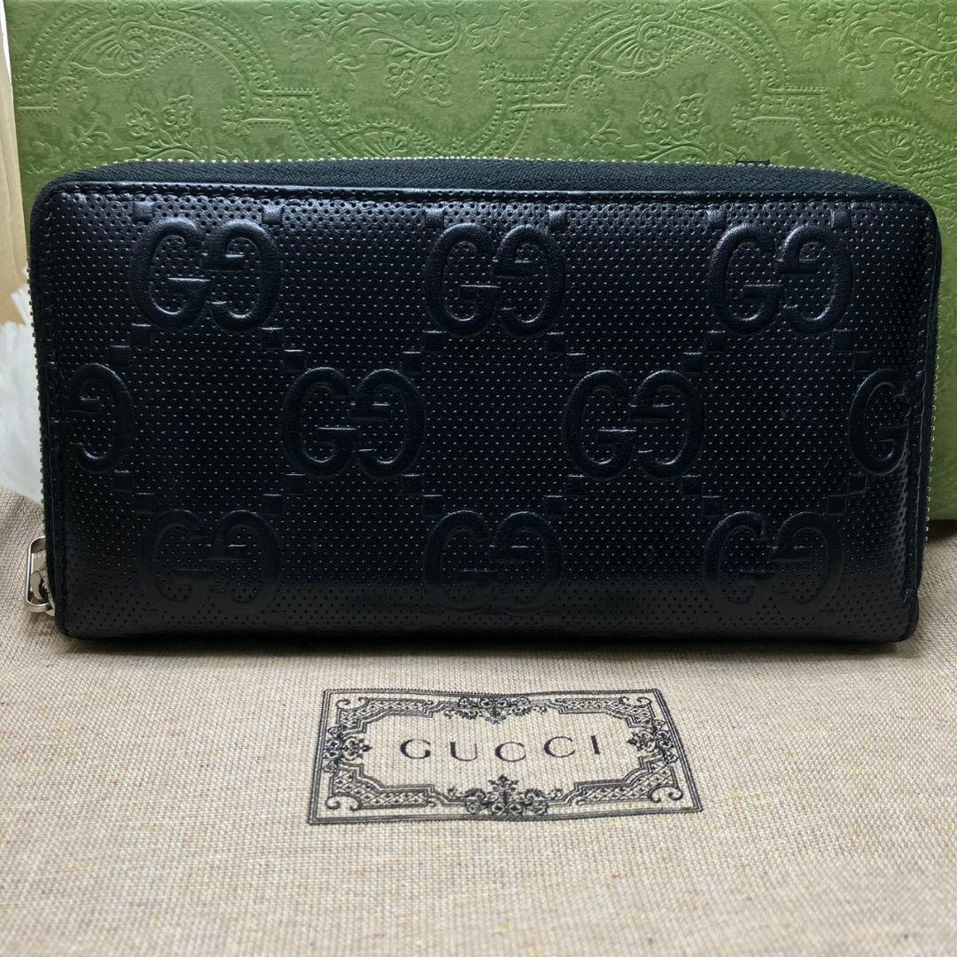 極美品 GUCCI グッチ 長財布 GGエンボス ファスナー ブラック 保存袋付